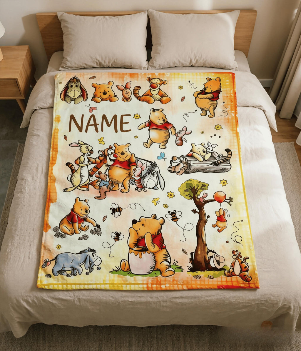 Custom Name Winnie the Pooh Blanket, Hundred Acre Wood Characters, Cozy Flannel Fleece Throw