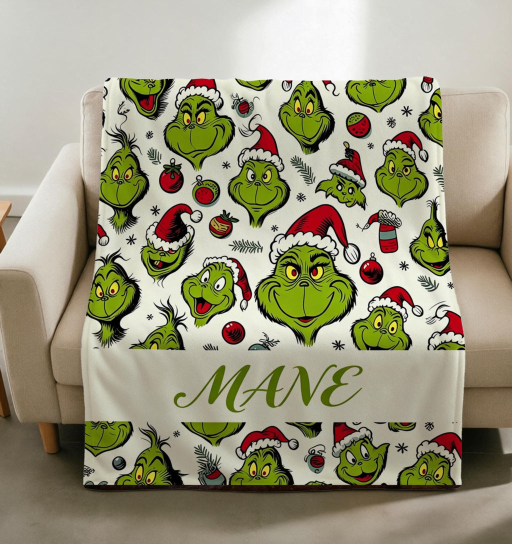 Grinch Blanket Soft Throw Custom Name, Fun Christmas Family Gift