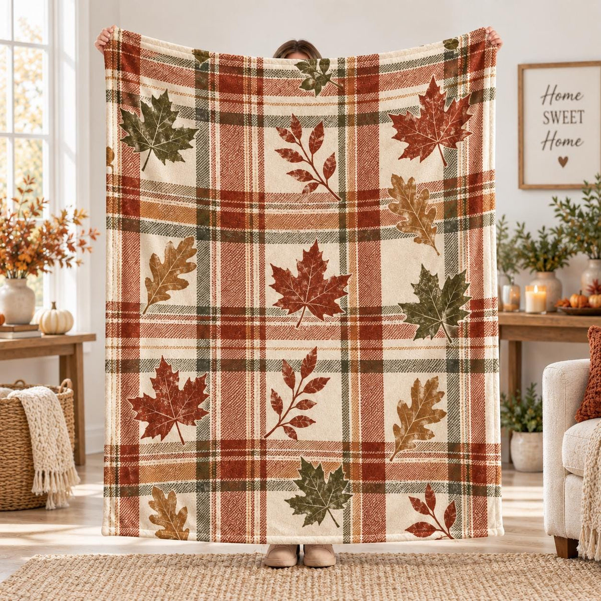 Autumn Plaid Throw Blanket, Fall Leaf Blanket, Rustic Maple Oak Leaves Decor, Cozy Cottage Bedding Accent, Thanksgiving Gift, Autumn Blanket