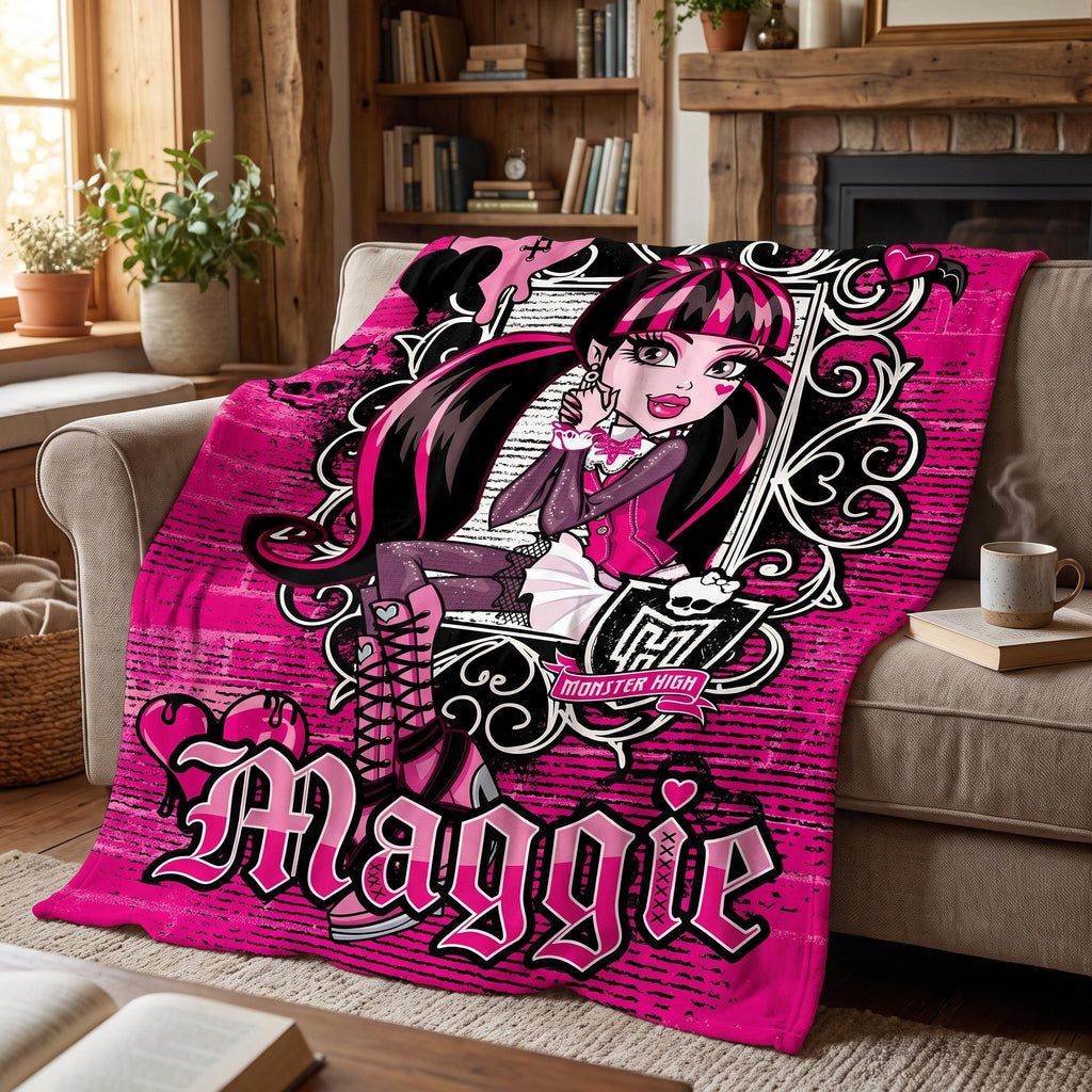 Personalized Spooky Cute Throw, Custom Name Gothic Vampire Blanket, Pink Punk Bedroom Decor, Creepy Kawaii Bedding, Emo Teen Room Gift