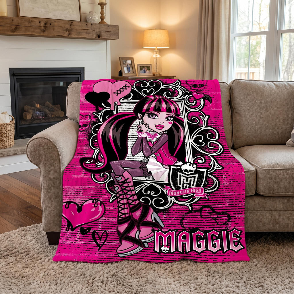 Personalized Spooky Cute Throw, Custom Name Gothic Vampire Blanket, Pink Punk Bedroom Decor, Creepy Kawaii Bedding, Emo Teen Room Gift