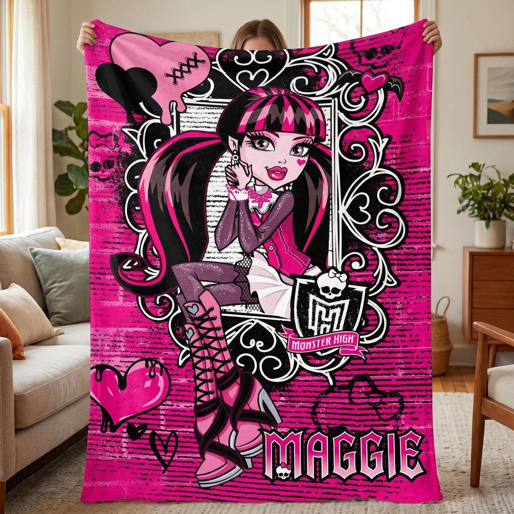 Personalized Spooky Cute Throw, Custom Name Gothic Vampire Blanket, Pink Punk Bedroom Decor, Creepy Kawaii Bedding, Emo Teen Room Gift