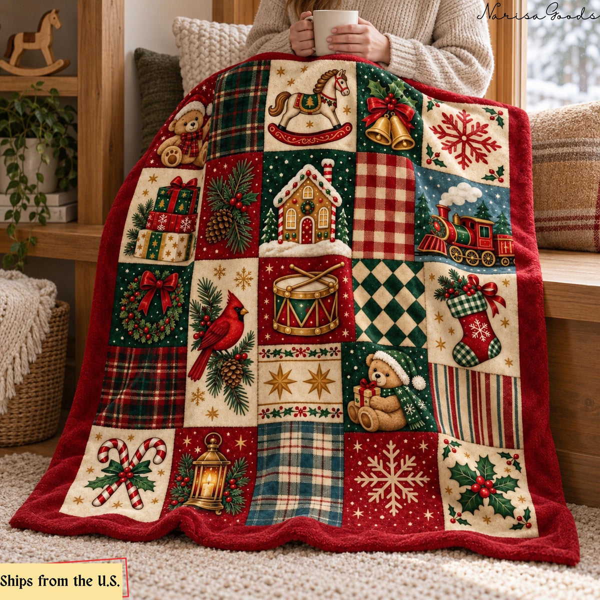 Vintage Christmas Flannel Blanket, Teddy Bear and Toy Train Patchwork Print, Red and Green Plaid Throw, Cozy Holiday Decor