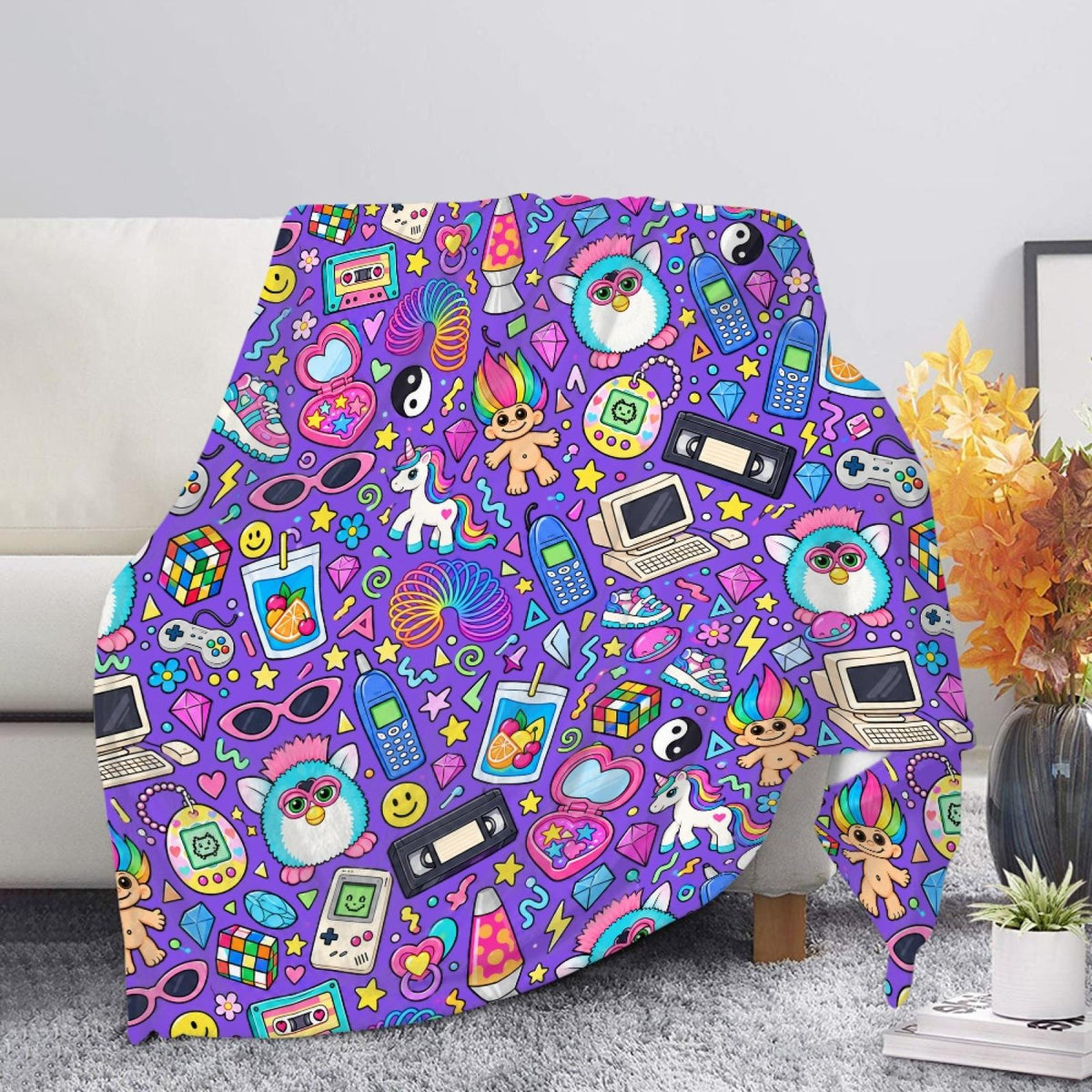 90s Nostalgia Blanket, Retro Y2K Throw Blanket, Furby Tamagotchi Fleece Blanket, 90s Kid Gift, Neon Retro Bedding, Nostalgic Home Decor