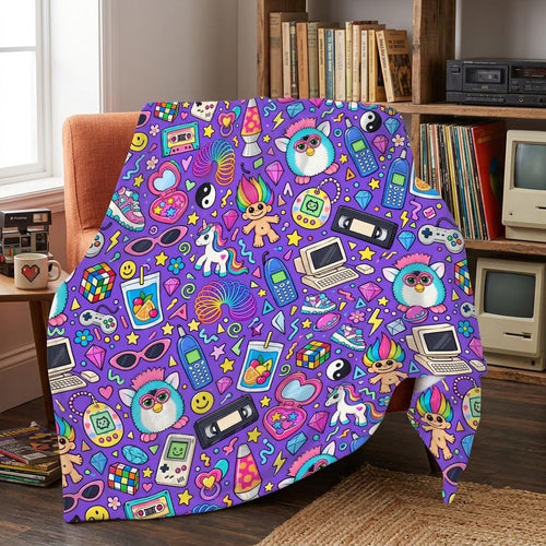 90s Nostalgia Blanket, Retro Y2K Throw Blanket, Furby Tamagotchi Fleece Blanket, 90s Kid Gift, Neon Retro Bedding, Nostalgic Home Decor
