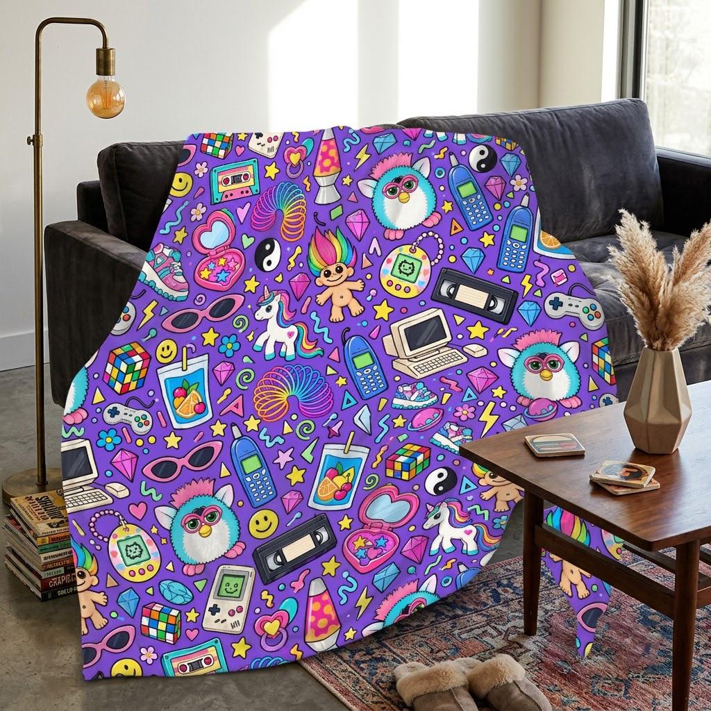 90s Nostalgia Blanket, Retro Y2K Throw Blanket, Furby Tamagotchi Fleece Blanket, 90s Kid Gift, Neon Retro Bedding, Nostalgic Home Decor