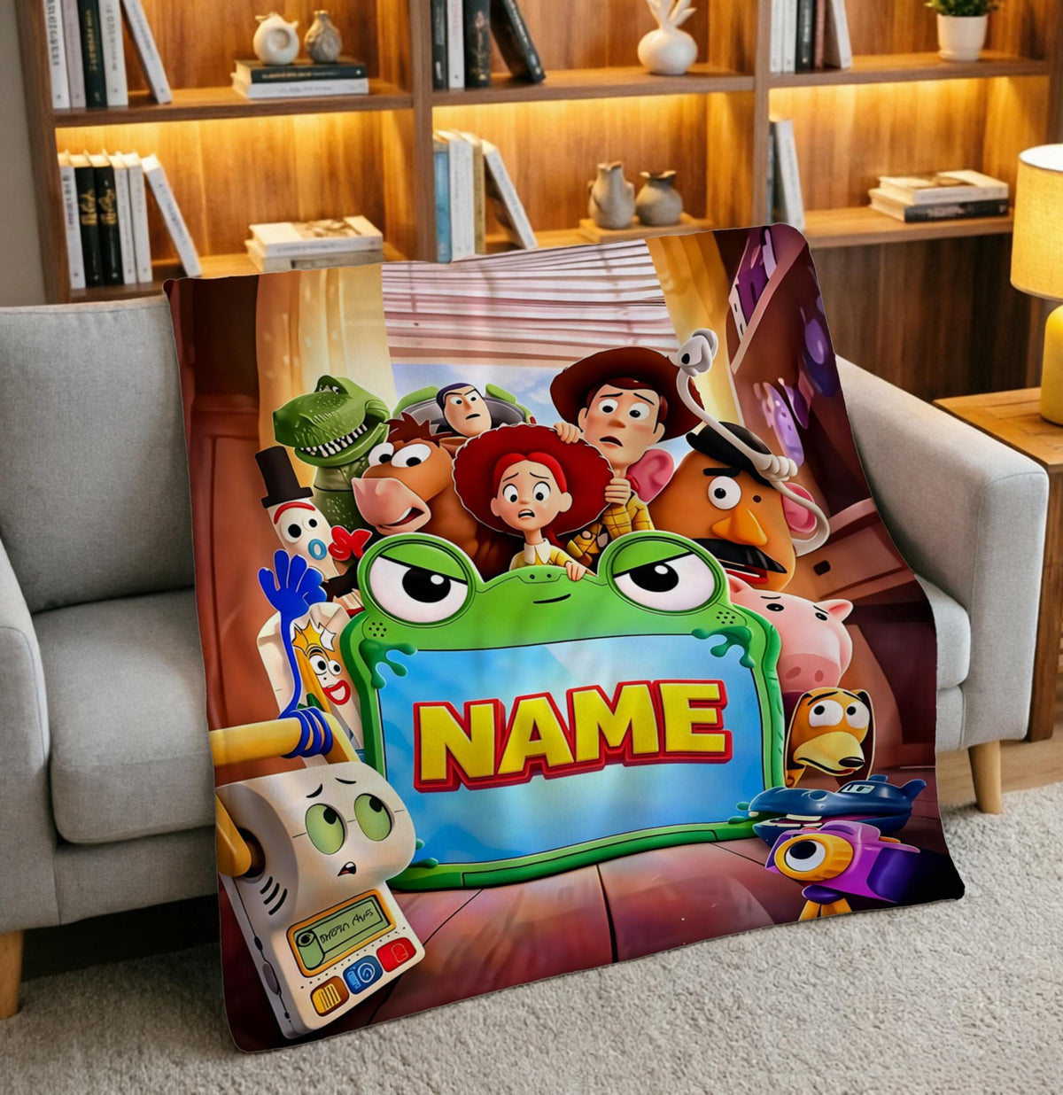 Toy Story Crew Blanket Soft Throw, Custom Name Frame, Gift For Cartoon‑Obsessed Kids