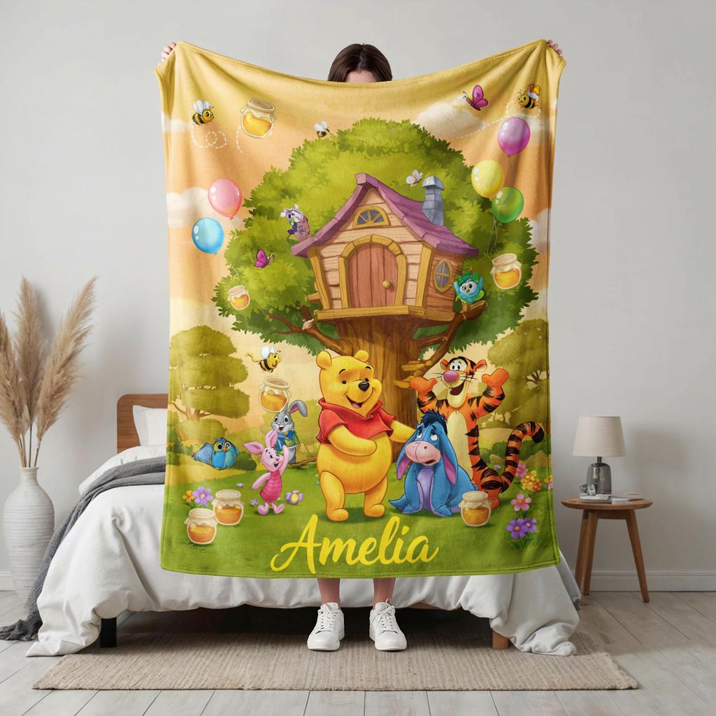 Winnie The Pooh Blanket, Personalized Baby Blanket with Name, Custom Embroidered Nursery Blanket, Cozy Baby Shower Gift, Newborn Keepsake
