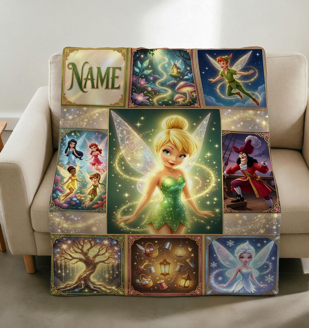 Peter Pan Tinker Bell Blanket Soft Throw, Custom Name Printed Panel Style Throw