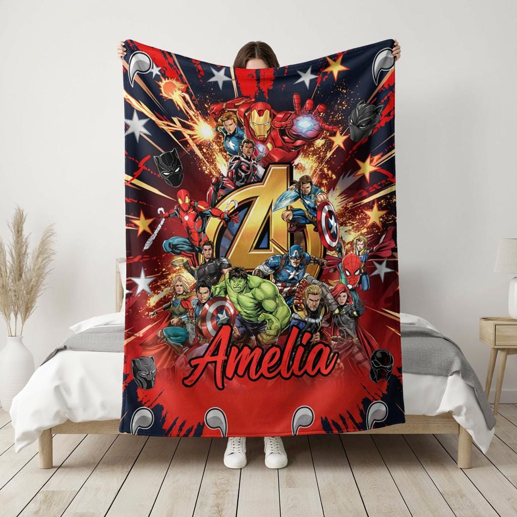 Personalized Superhero Blanket, Custom Name Kids Fleece Blanket, Hero Character Throw, Comic Style Baby Blanket, Birthday Gift for Kids