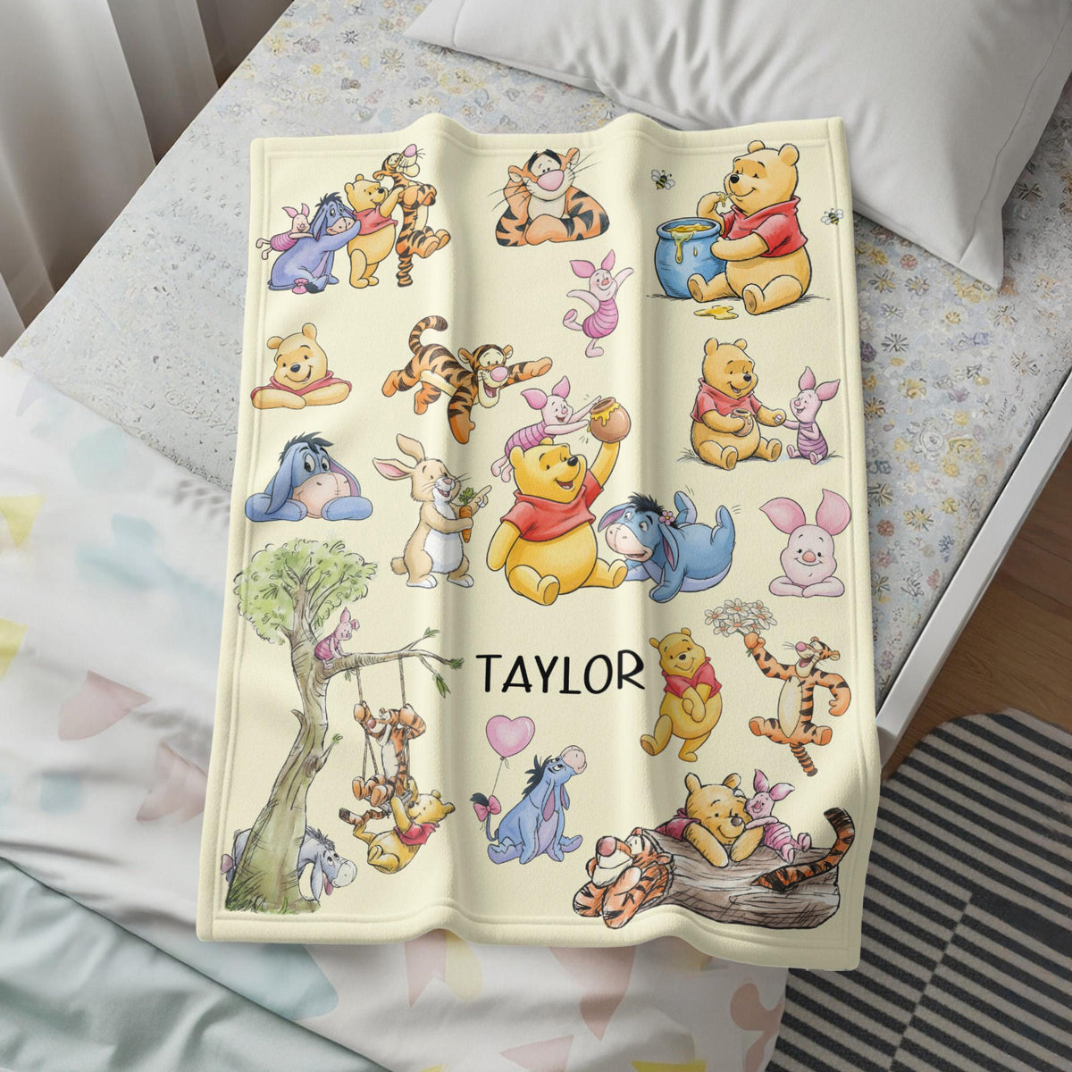 Personalized Winnie the Pooh Blanket Custom Name | Tigger Piglet Eeyore Baby Shower Gift Sherpa Fleece Toddler Nursery Decor Birthday Boy