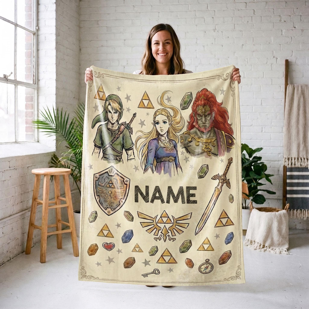 Legend of Zelda Custom Name Blanket Link Zelda Ganondorf Throw Triforce Art Bedding Fantasy Game Gamer Room Decor Fan Gift