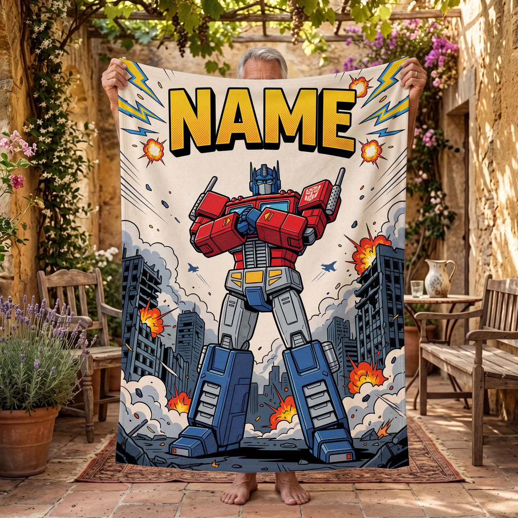 Transformers Optimus Prime Flannel Blanket, Retro Comic Hero Throw, Boys Room Bedding Decor, Birthday Gift, Custom Name Blanket