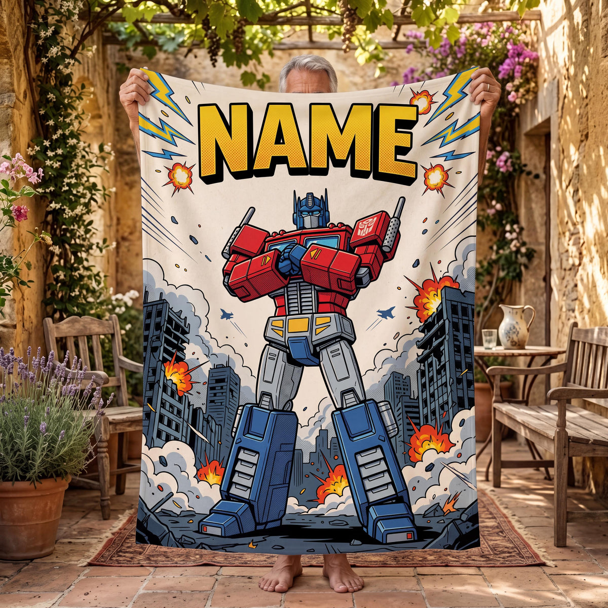 Transformers Optimus Prime Flannel Blanket, Retro Comic Hero Throw, Boys Room Bedding Decor, Birthday Gift, Custom Name Blanket
