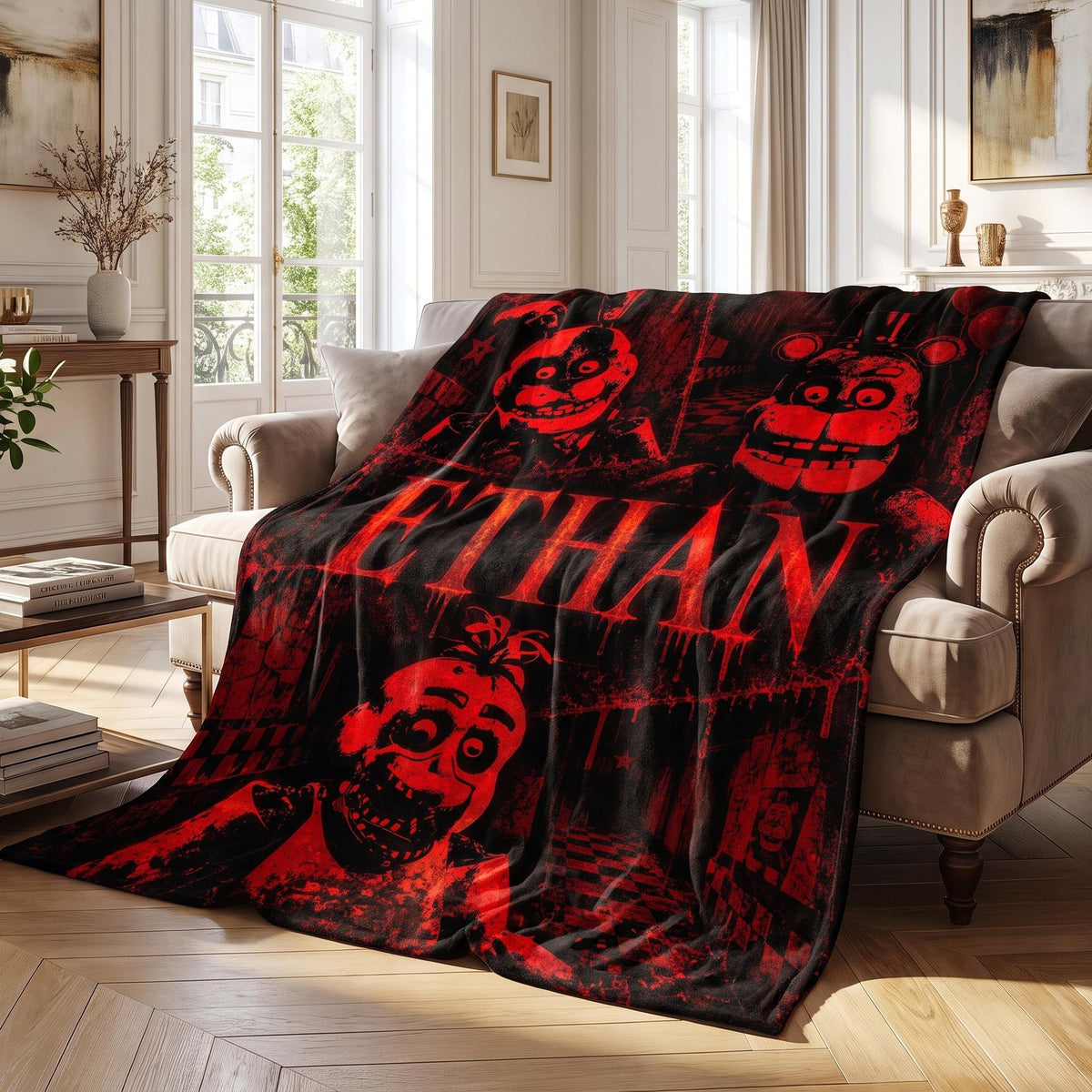 Personalized Horror Game Flannel Blanket, Custom Name FNAF Throw, Creepy Animatronic Gamer Room Decor, Spooky Birthday Gift For Teen Boys