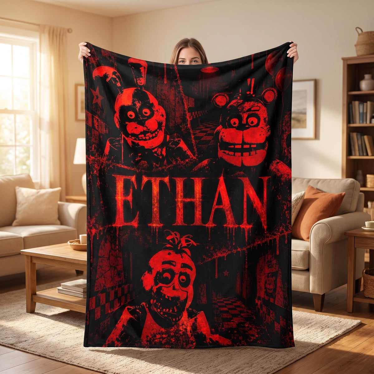 Personalized Horror Game Flannel Blanket, Custom Name FNAF Throw, Creepy Animatronic Gamer Room Decor, Spooky Birthday Gift For Teen Boys