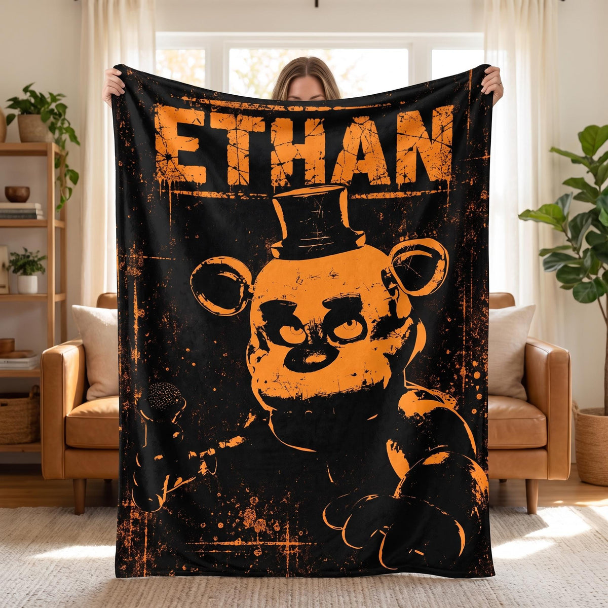 Personalized FNAF Flannel Throw Blanket, Custom Name Horror Gamer Gift, Animatronic Bear Bedding, Video Game Room Decor For Teen Boys