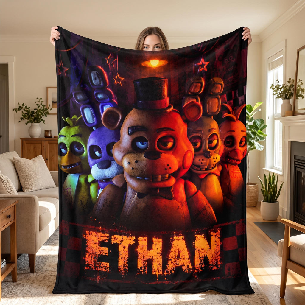 Custom Name FNAF Flannel Blanket, Personalized Horror Gamer Throw, Freddy Fazbear Fan Gift, Kids Room Bedding Decor, Boy Birthday Present
