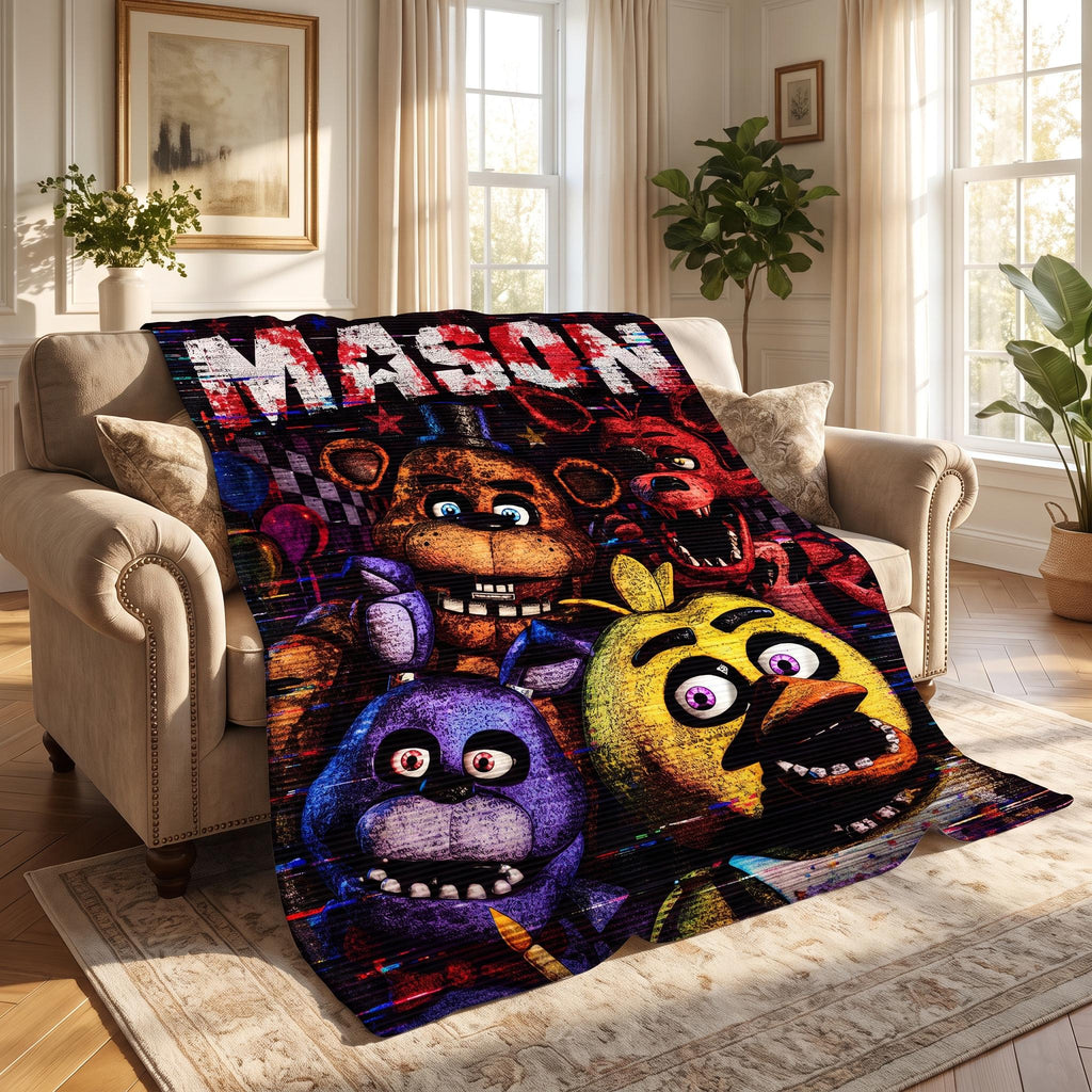 Personalized FNAF Flannel Blanket Custom Name Horror Game Animatronic Throw Gamer Gift Boys Bedroom Decor Halloween Birthday Present