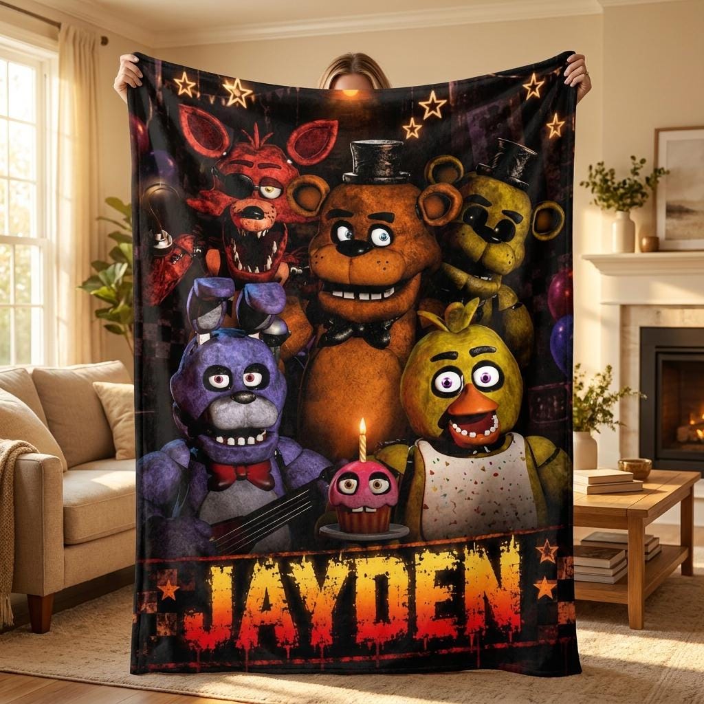 Personalized FNAF Gamer Blanket, Custom Name Horror Animatronic Throw, Boys Bedroom Decor, Soft Flannel Birthday Gift for Gamer Kids