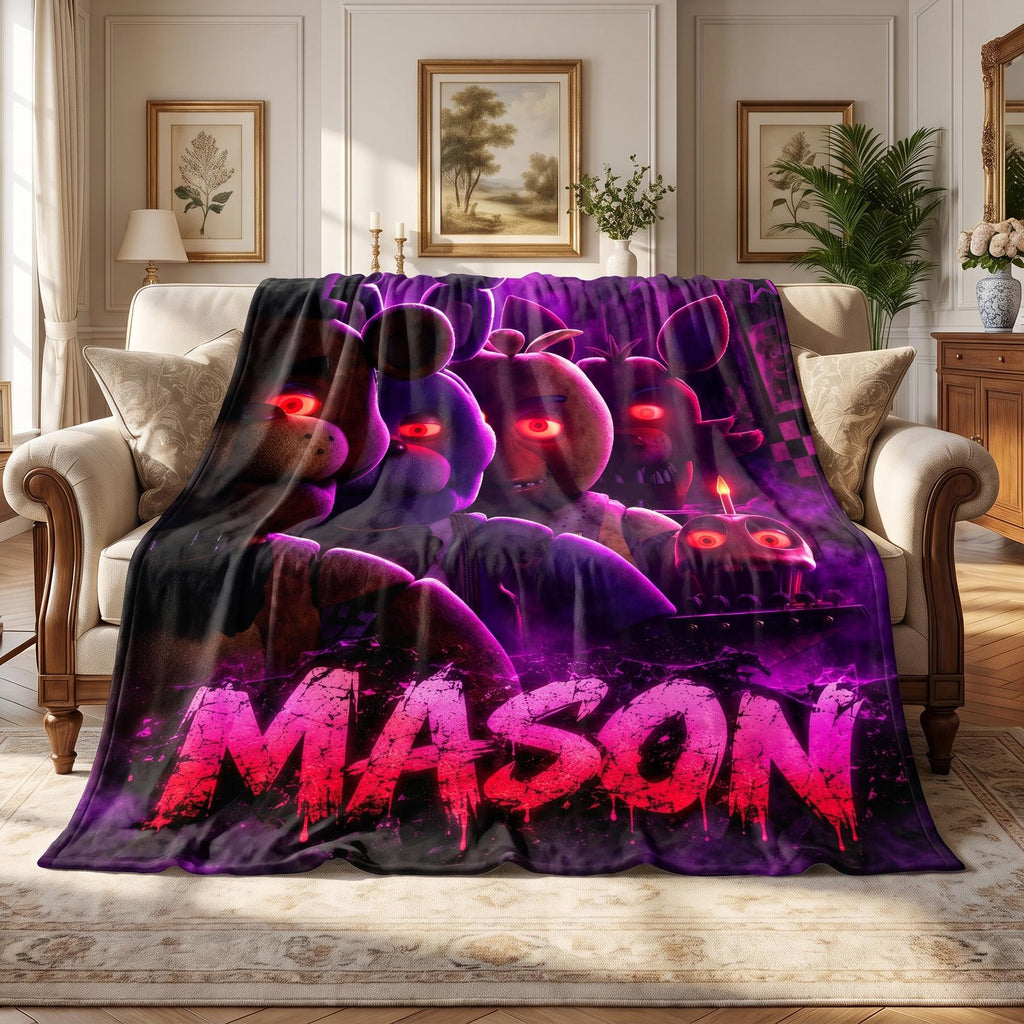 Personalized FNAF Flannel Blanket Custom Name Throw Spooky Horror Gamer Room Decor Animatronic Video Game Teen Boy Birthday Gift Idea