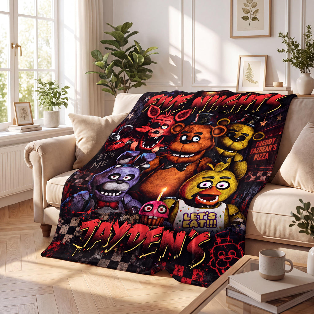 Personalized FNAF Flannel Blanket Custom Name Horror Video Game Throw Fazbear Boy Room Decor Teen Animatronic Gamer Fan Birthday Gift