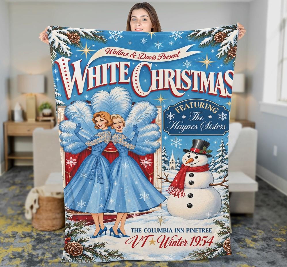 White Christmas Sisters 1954 Movie Fleece Blanket, Sisters Mid Century Modern Holiday Blanket Gifts, Vintage 1954 Holiday Home Decor