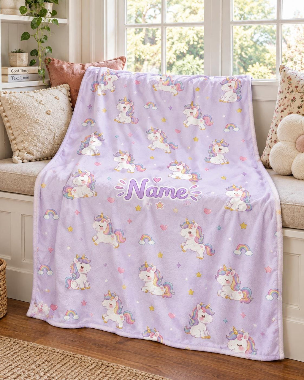 Personalized Unicorn Flannel Blanket, Custom Name Rainbow Throw, Pastel Kids Room Decor