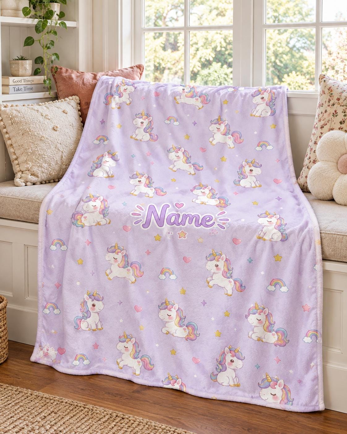 Personalized Unicorn Flannel Blanket, Custom Name Rainbow Throw, Pastel Kids Room Decor