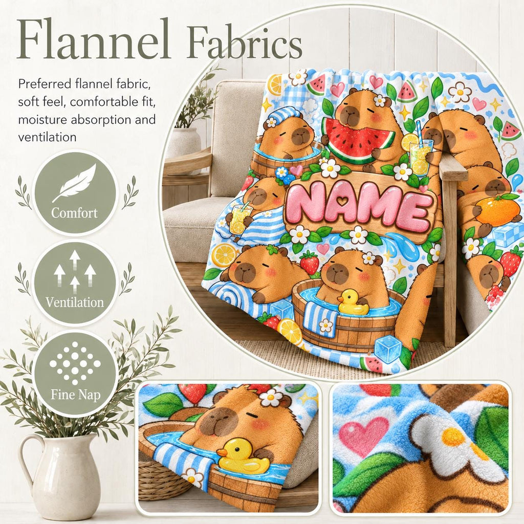 Custom Name Capybara Throw Blanket, Soft Flannel, Holiday Home Decor