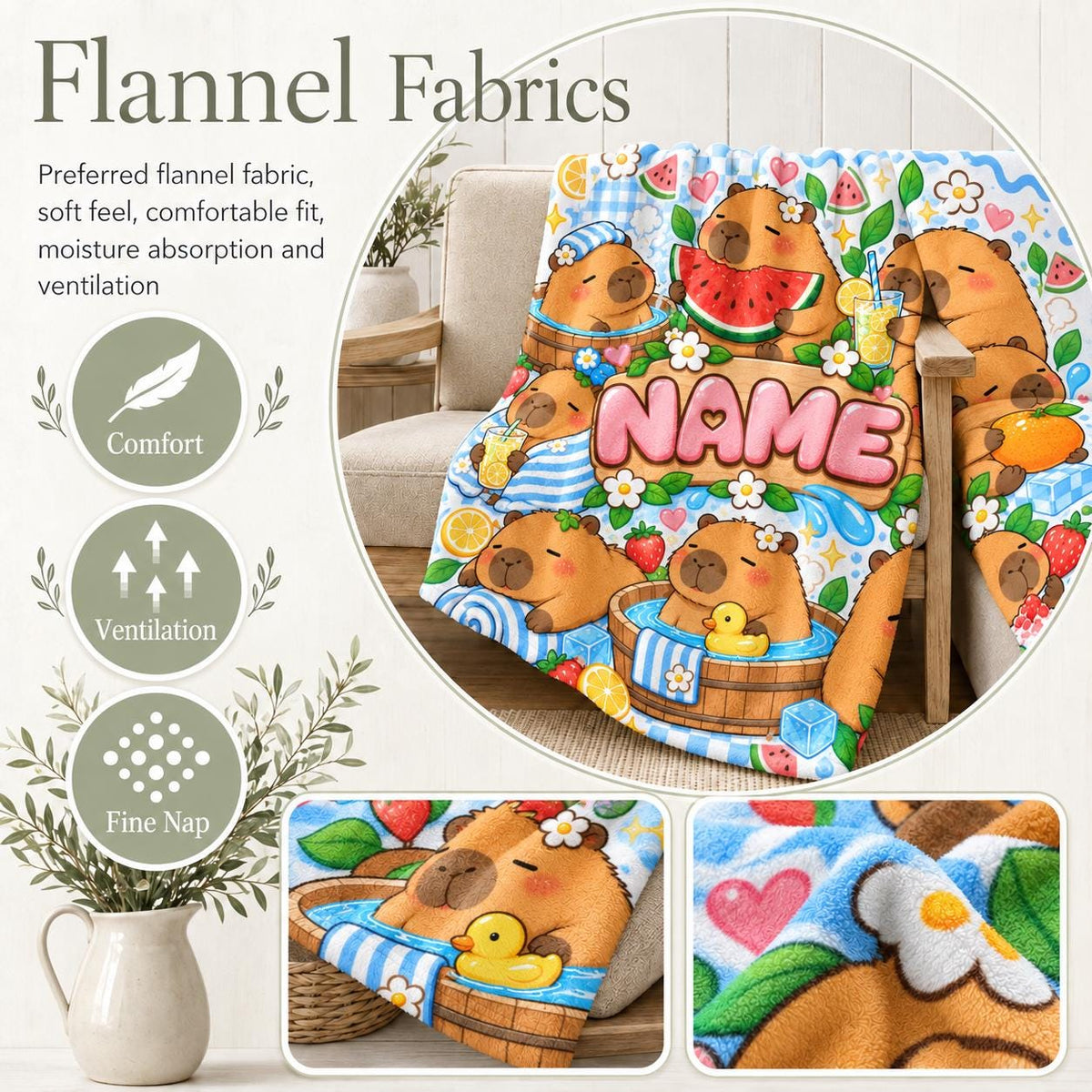 Custom Name Capybara Throw Blanket, Soft Flannel, Holiday Home Decor