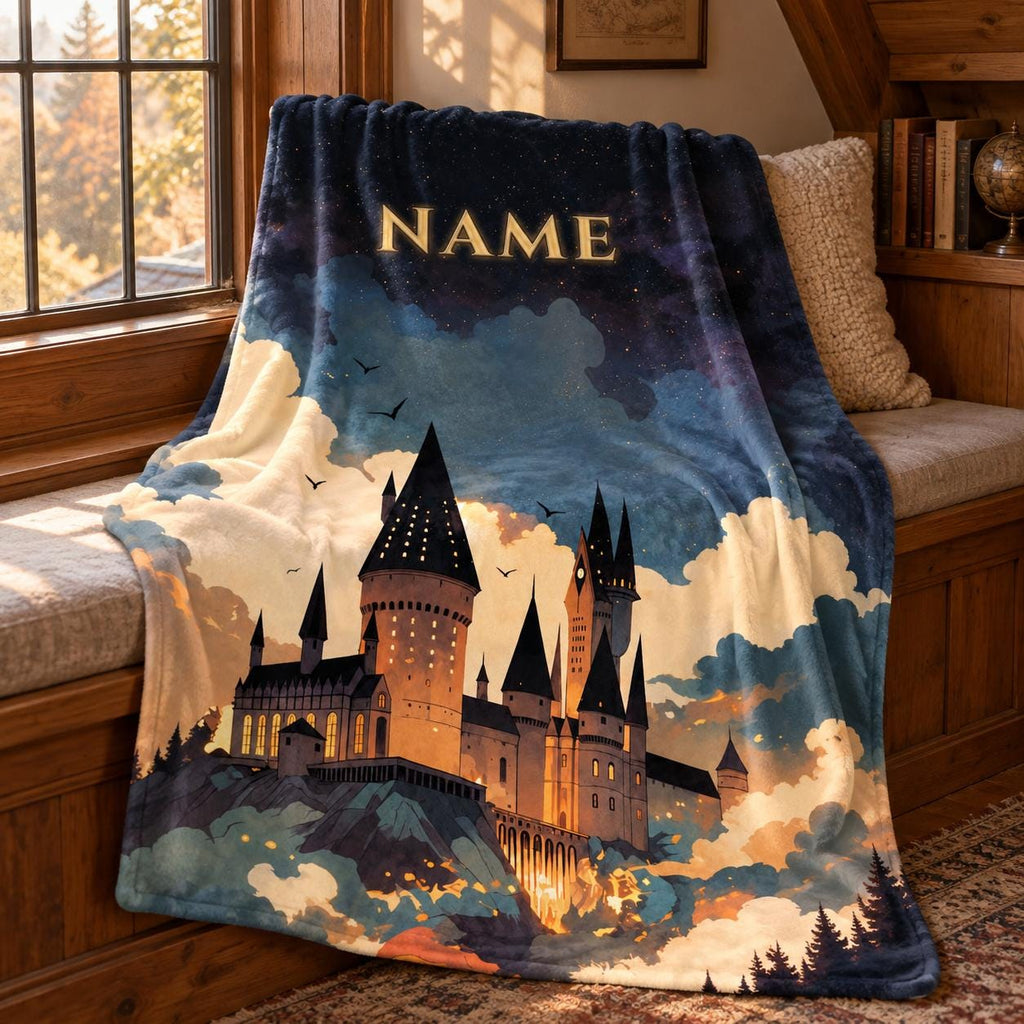 Personalized Magic Castle Blanket, Custom Name Fantasy Flannel Throw, Enchanted Night Sky Gift