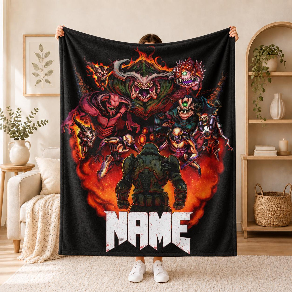 Personalized DOOM Slayer Demon Slayer Flannel Throw Blanket, Custom Name Gaming Decor