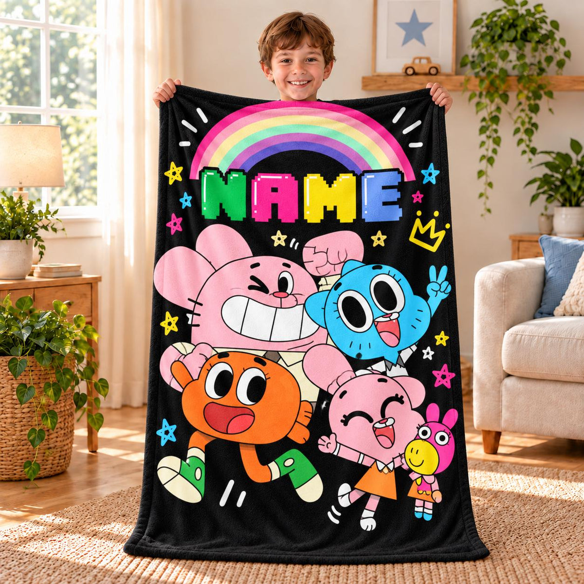 Personalized Cartoon Family Flannel Throw Blanket, Custom Name, Rainbow Stars