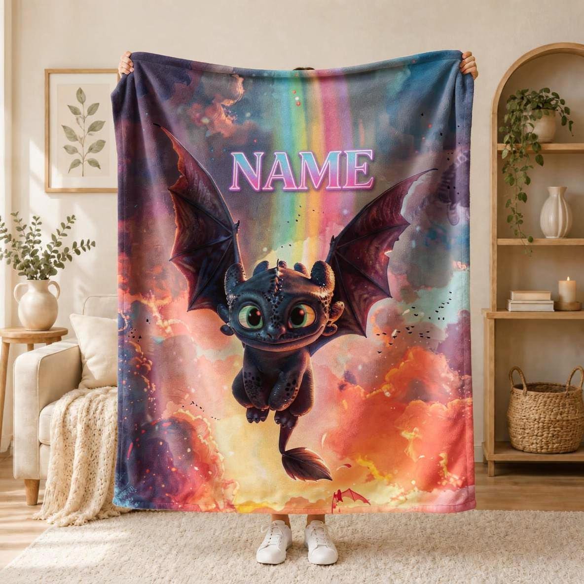 Nursery Decor Fans Personalized Blanket Soft Throw, Night Fury Dragon Custom Name Flannel Gift