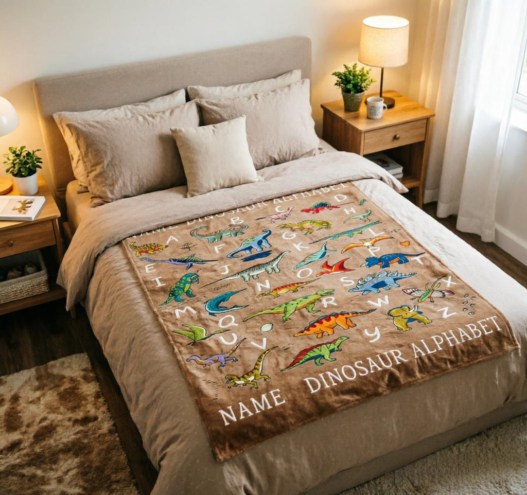 Custom Name Dinosaur ABC Blanket Soft Throw, Kids Dino Alphabet Learning Throw, Personalized Baby Shower Gift