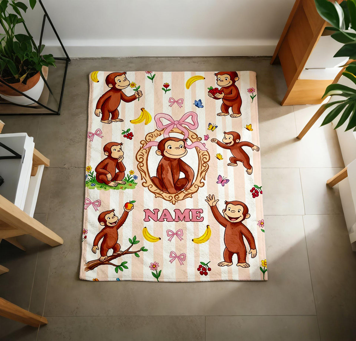 Personalized Curious Monkey Soft Throw Blanket, Custom Name, Flannel Kids Gift