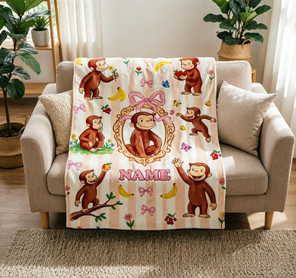 Personalized Curious Monkey Soft Throw Blanket, Custom Name, Flannel Kids Gift