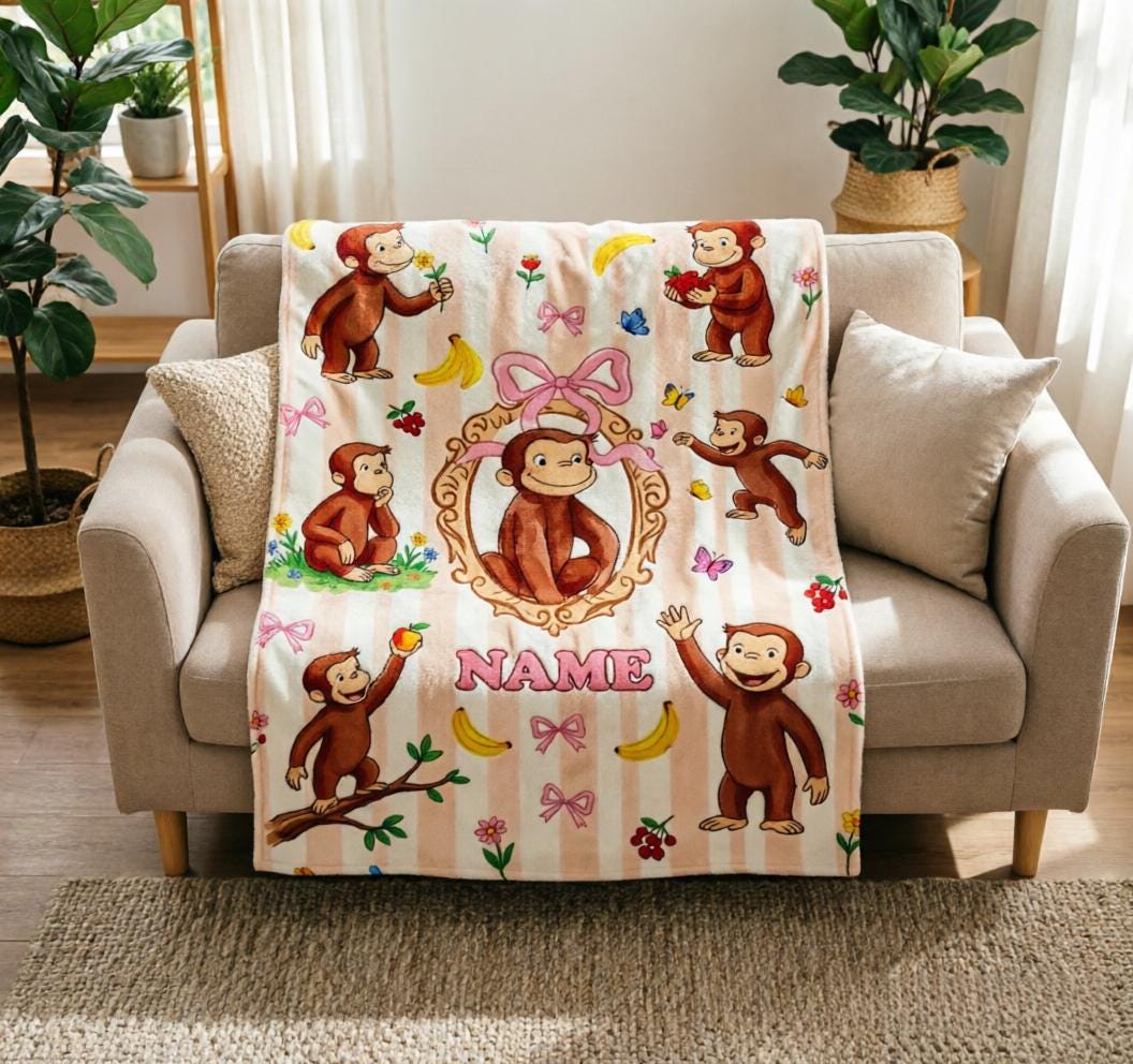 Personalized Curious Monkey Soft Throw Blanket, Custom Name, Flannel Kids Gift