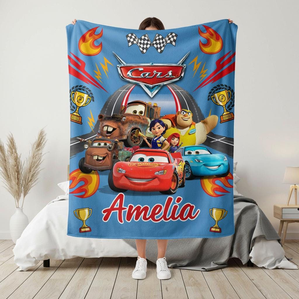 Personalized Racing Car Blanket, Custom Name Kids Blanket, Speed Car Nursery Blanket, Boys Birthday Gift, Racing Theme Baby Shower Gift