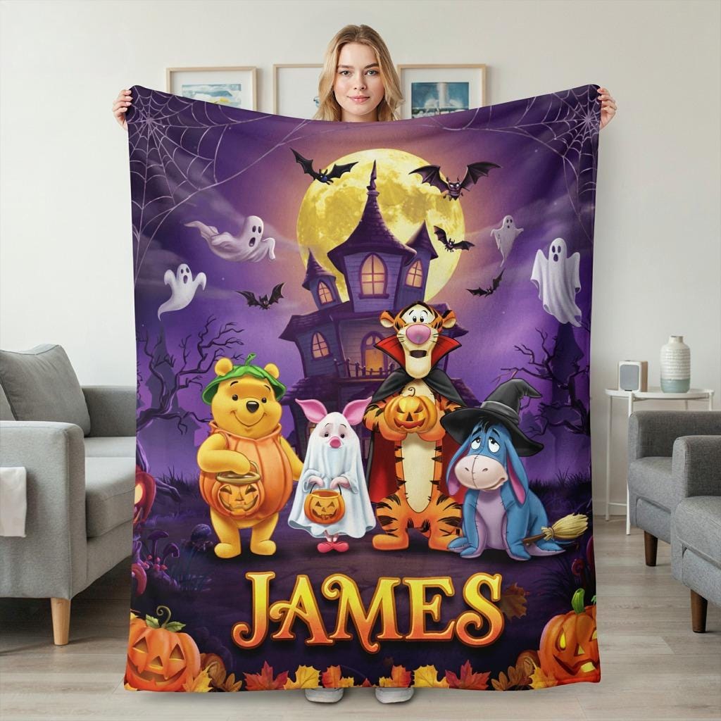 Winnie the Pooh Halloween Blanket, Personalized Baby Blanket, Cute Pooh Pumpkin Blanket, Custom Name Kids Gift, Fall Nursery Decor