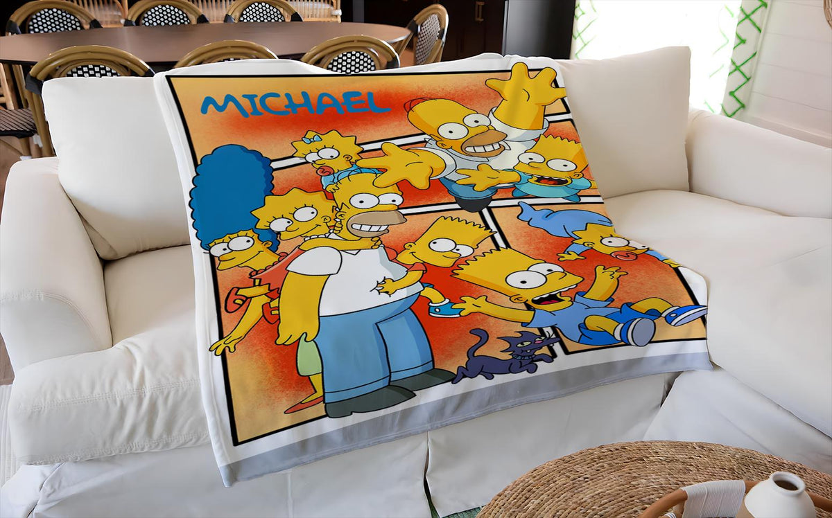 Personalized Simpsons Blanket, Custom Simpsons Throw with Name, Yellow Cartoon Family Blanket, Retro TV Show Gift, Cozy Kids Blanket