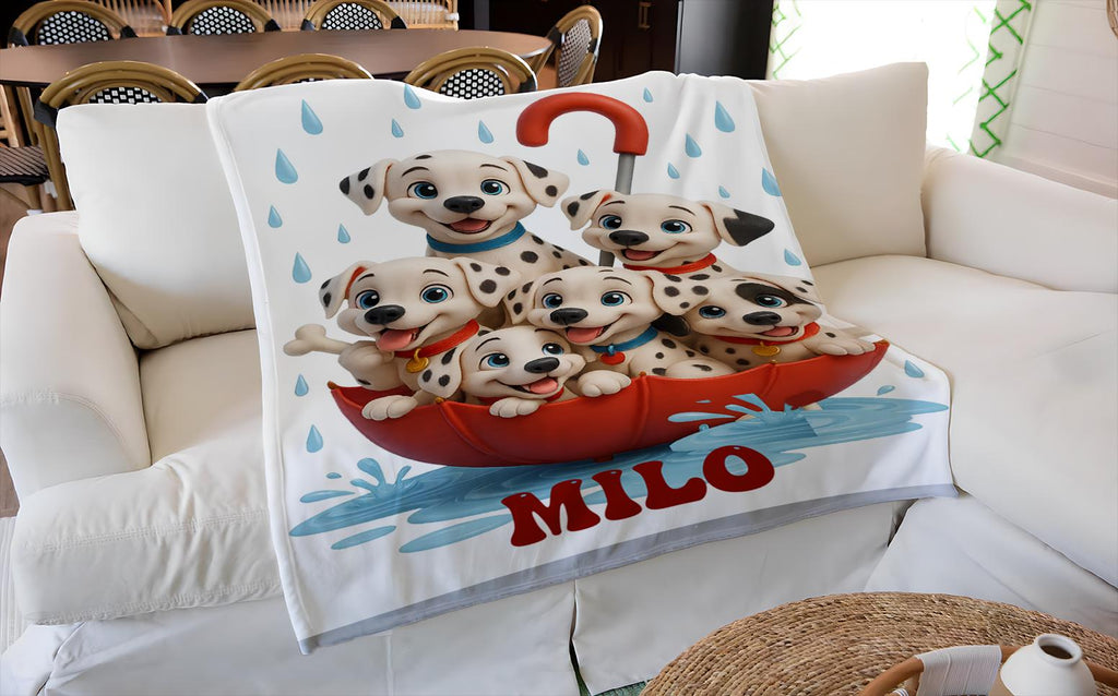 Personalized Dalmatian Puppy Blanket, Custom Puppy Throw with Name, Cute Spotted Dog Blanket, Rainy Day Puppy Gift, Cozy Kids Blanket