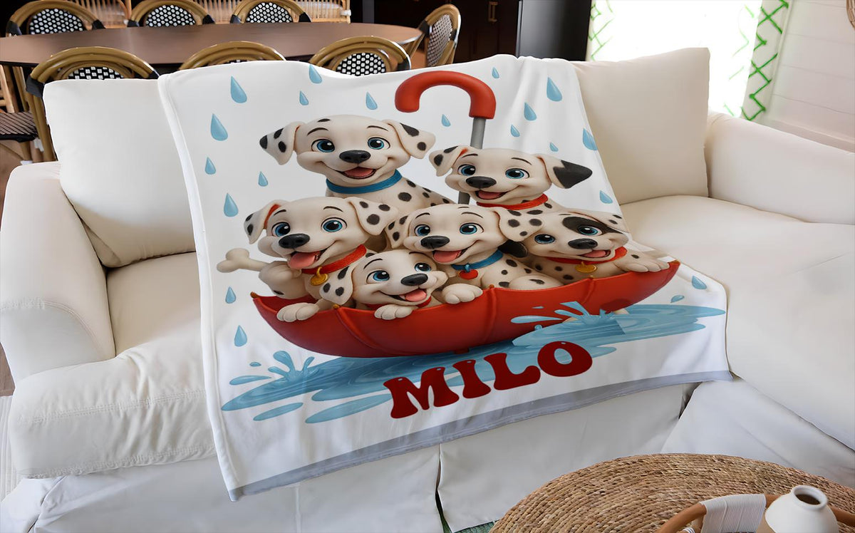 Personalized Dalmatian Puppy Blanket, Custom Puppy Throw with Name, Cute Spotted Dog Blanket, Rainy Day Puppy Gift, Cozy Kids Blanket