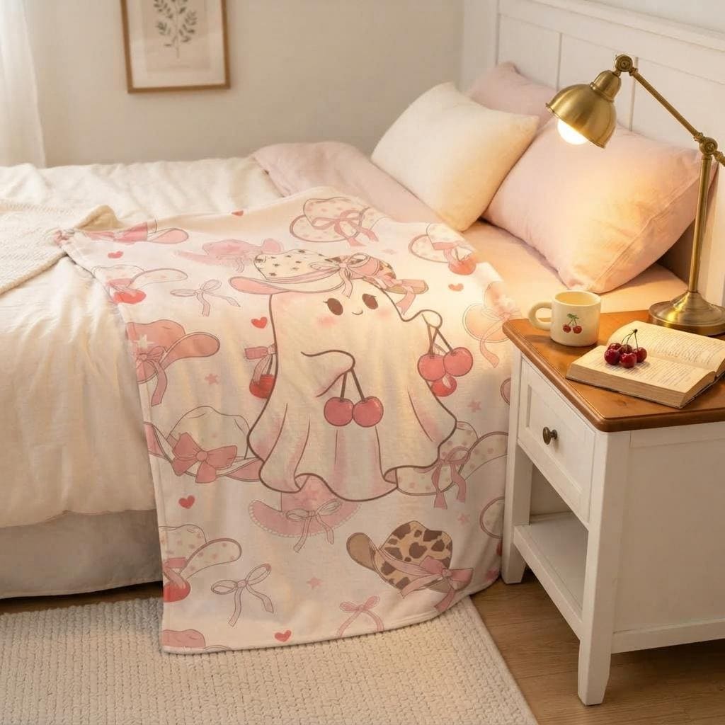 Cute Ghost Blanket, Pink Cowboy Throw, Cherry Halloween Flannel, Cozy Spooky Decor, Gift for Her