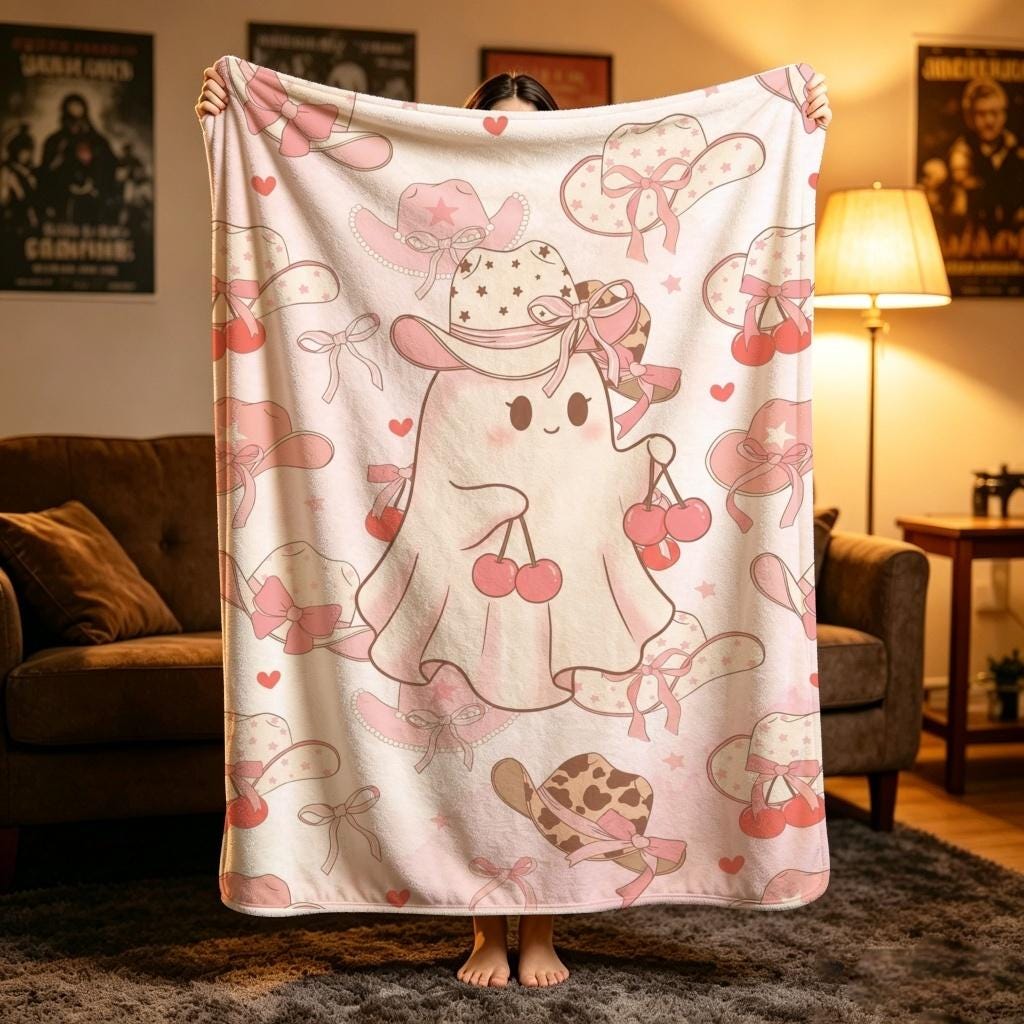 Cute Ghost Blanket, Pink Cowboy Throw, Cherry Halloween Flannel, Cozy Spooky Decor, Gift for Her