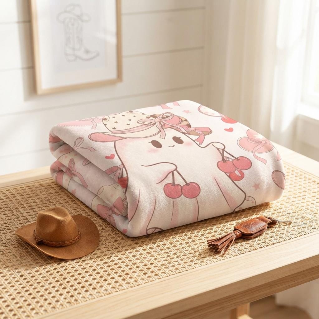 Cute Ghost Blanket, Pink Cowboy Throw, Cherry Halloween Flannel, Cozy Spooky Decor, Gift for Her