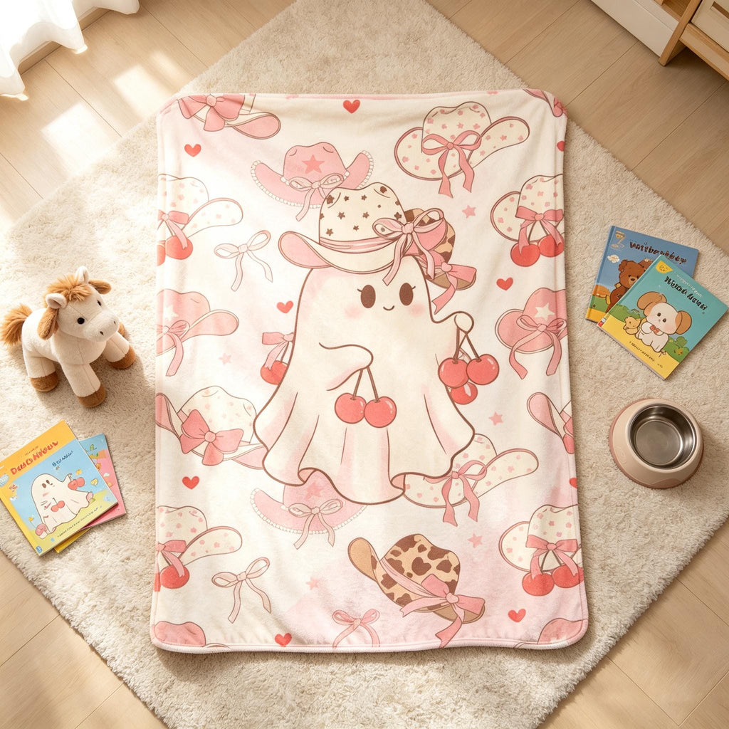 Cute Ghost Blanket, Pink Cowboy Throw, Cherry Halloween Flannel, Cozy Spooky Decor, Gift for Her