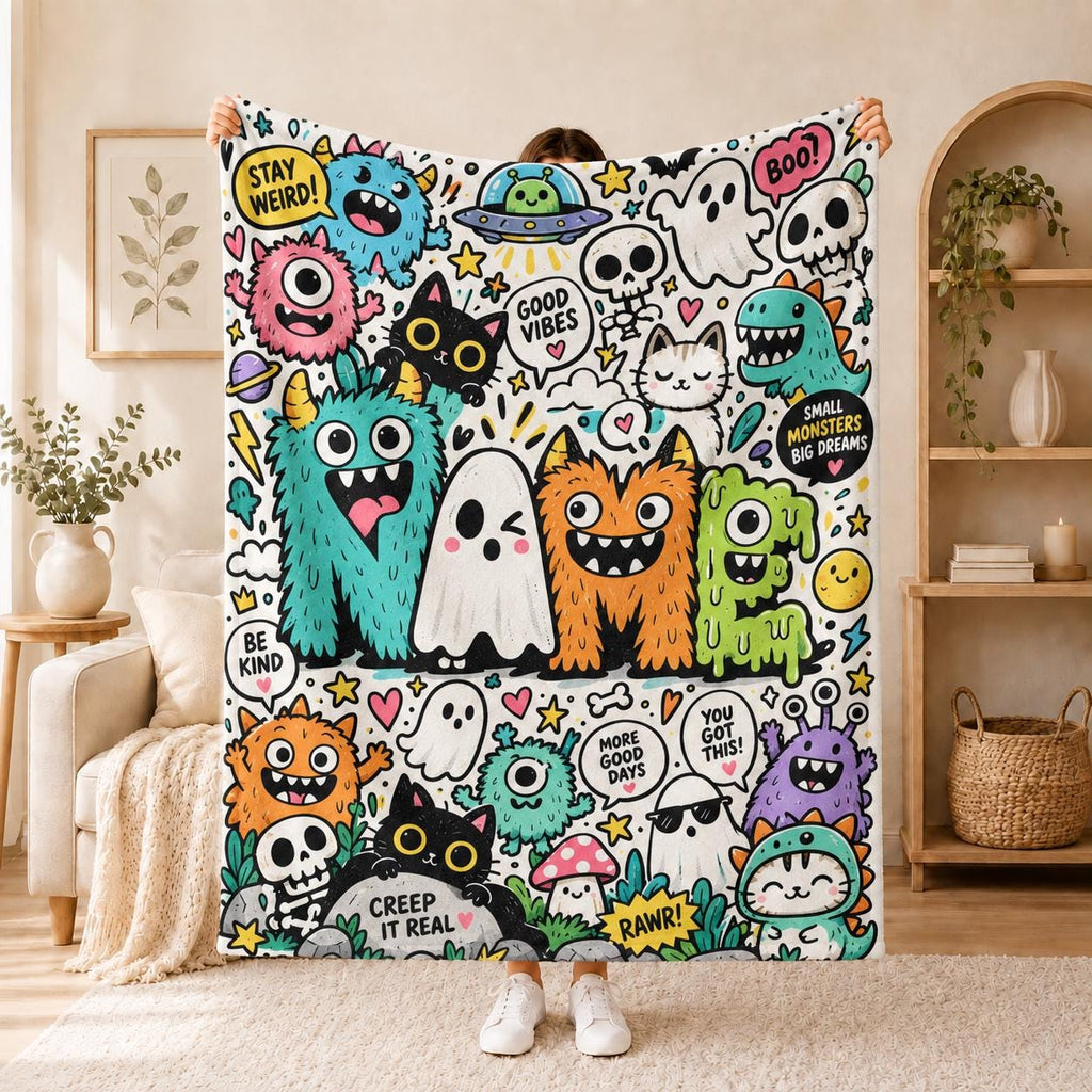Monster Doodle Blanket Soft Throw, Weirdcore Fleece Throw, Funny Cryptid Creature Gift.