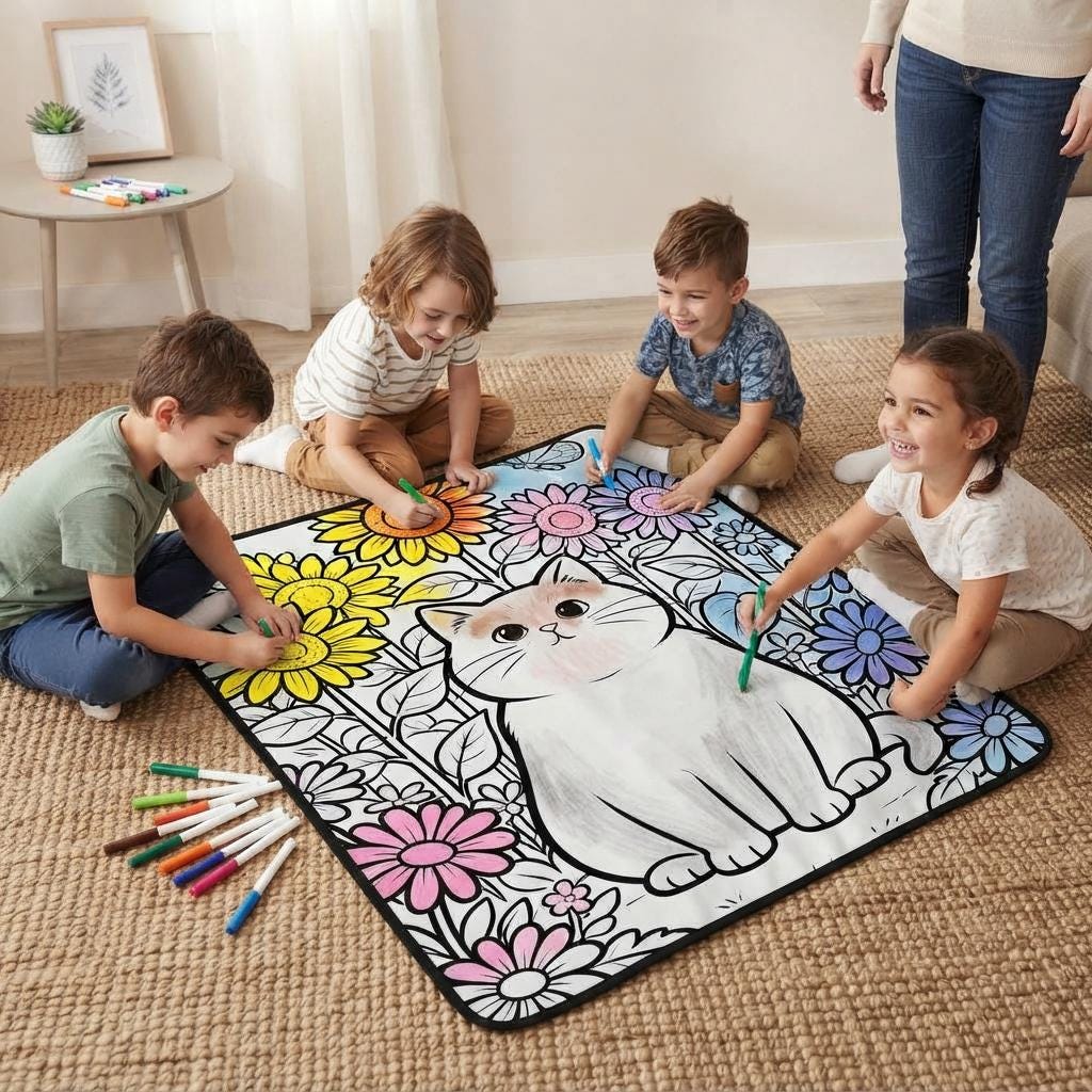 Color Your Own Blanket, Washable Marker Throw, DIY Cat Flannel, Reusable Coloring, Gift for Kids